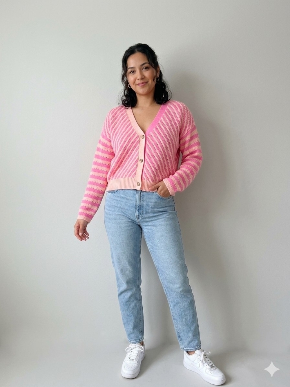 Pink Striped V-Neck Button Cardigan Sweater